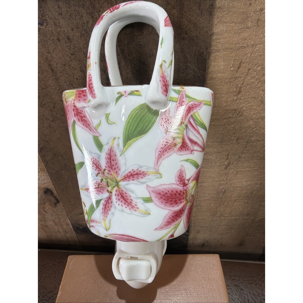 Porcelain Floral Handbag Night Light Pink Stargazer Lily Purse Wall Plug-In Vtg
